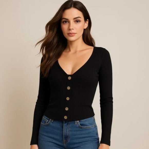 Reformation Black Ribbed Button Front Long Sleeve Top Women’s XS Perfect NWOT - Picture 3 of 4